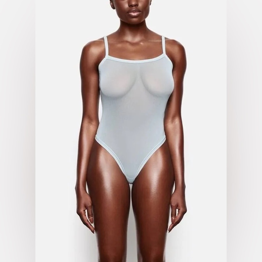 SKIMS Sheer Sculpt Thong Bodysuit Sky Blue Large L NWT $68